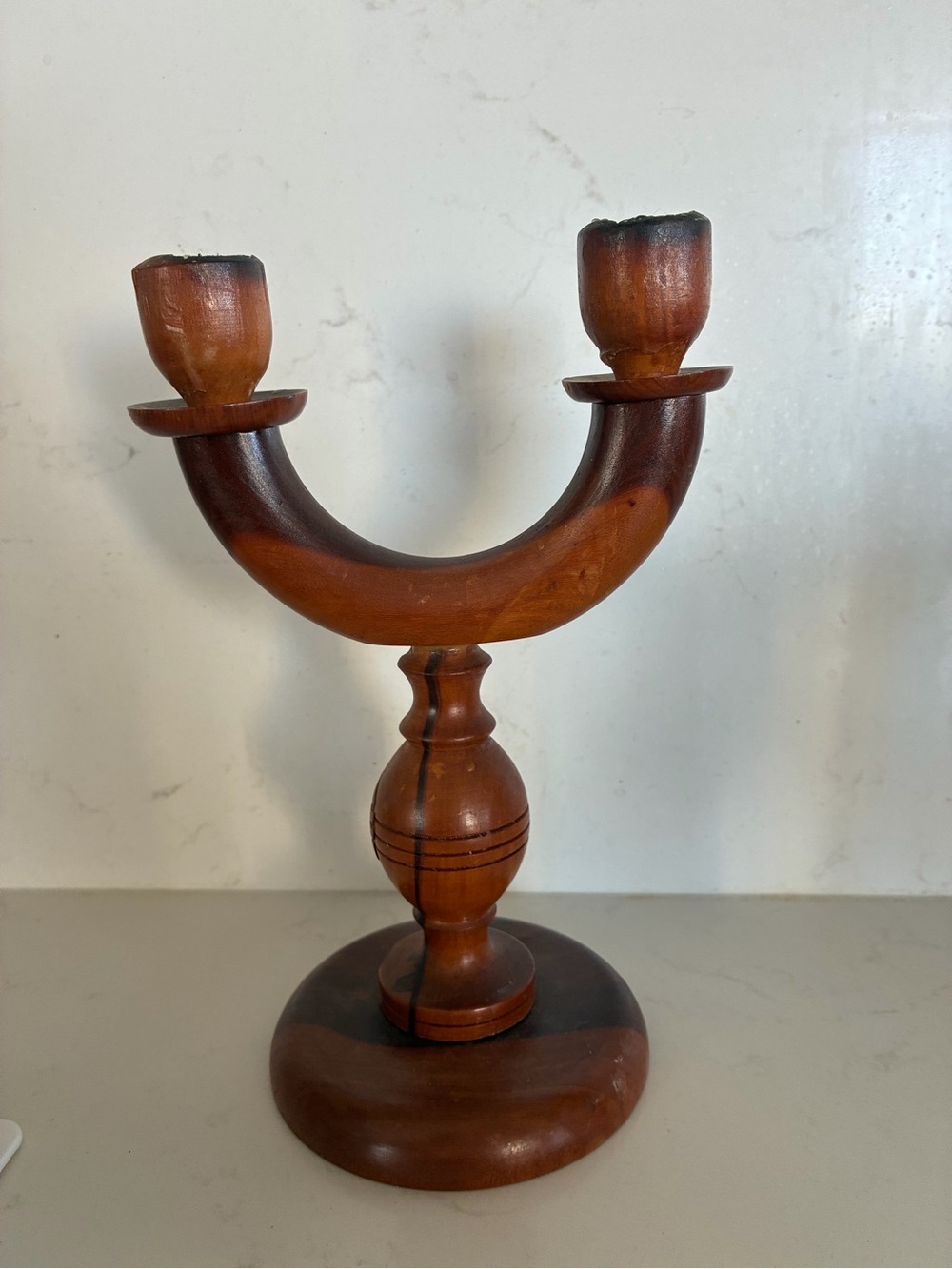 Vintage Hand turned Wooden Double-Arm Candle Holder